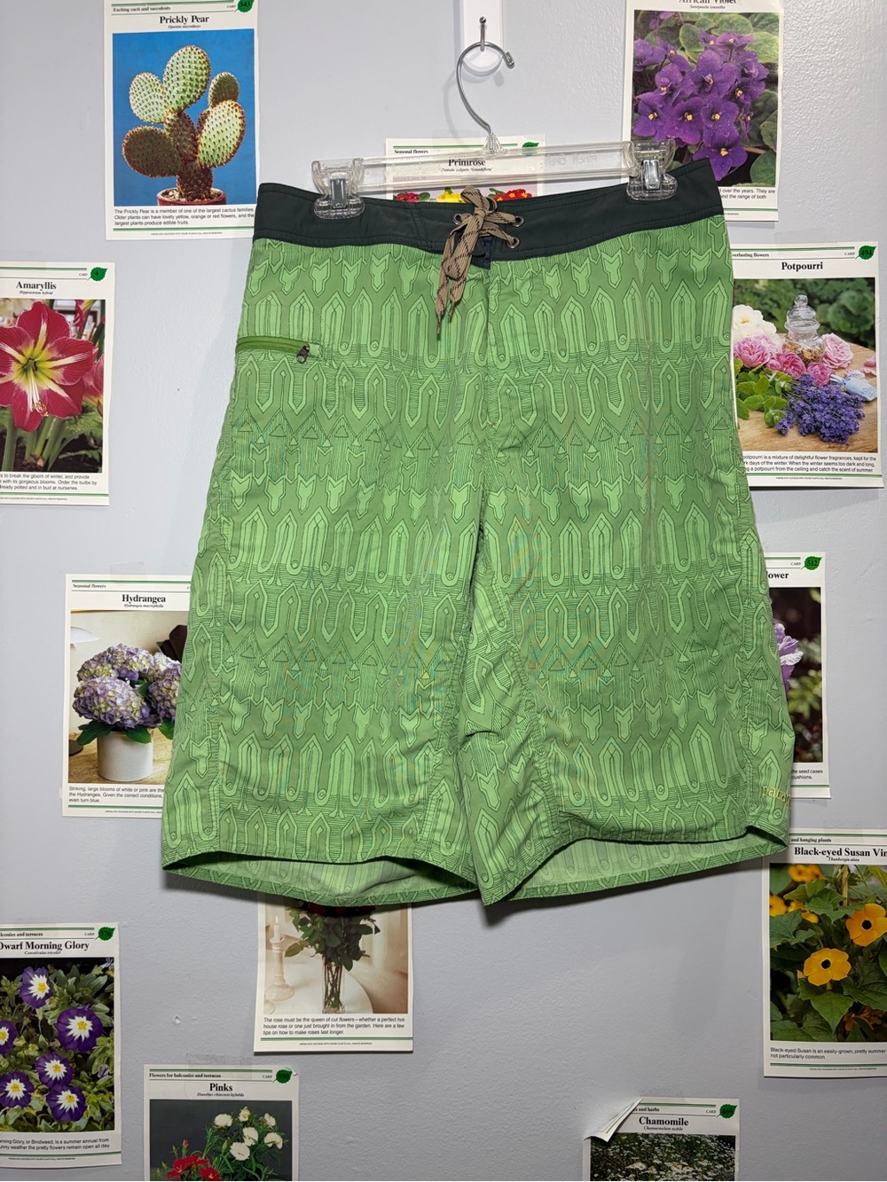 Patagonia Green Patterned Hybrid Board Shorts with Black Waistband